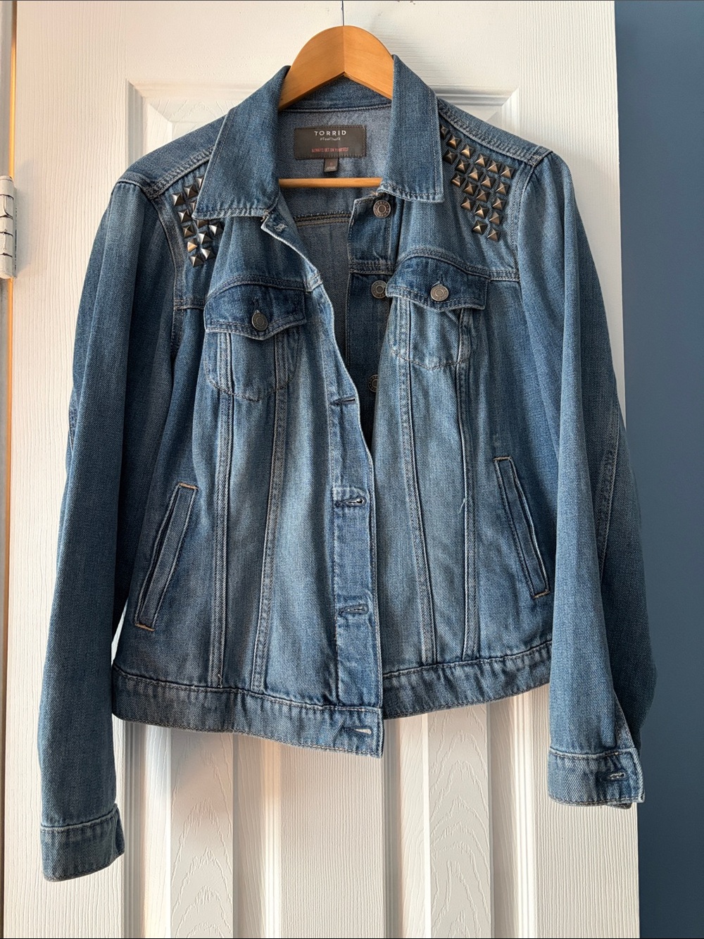 torrid Medium Wash Blue Denim Jacket with Pyramid Stud Shoulders